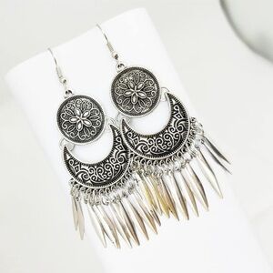 Bohemian Ethnic Retro Style Silver Tassel Dangle Earrings